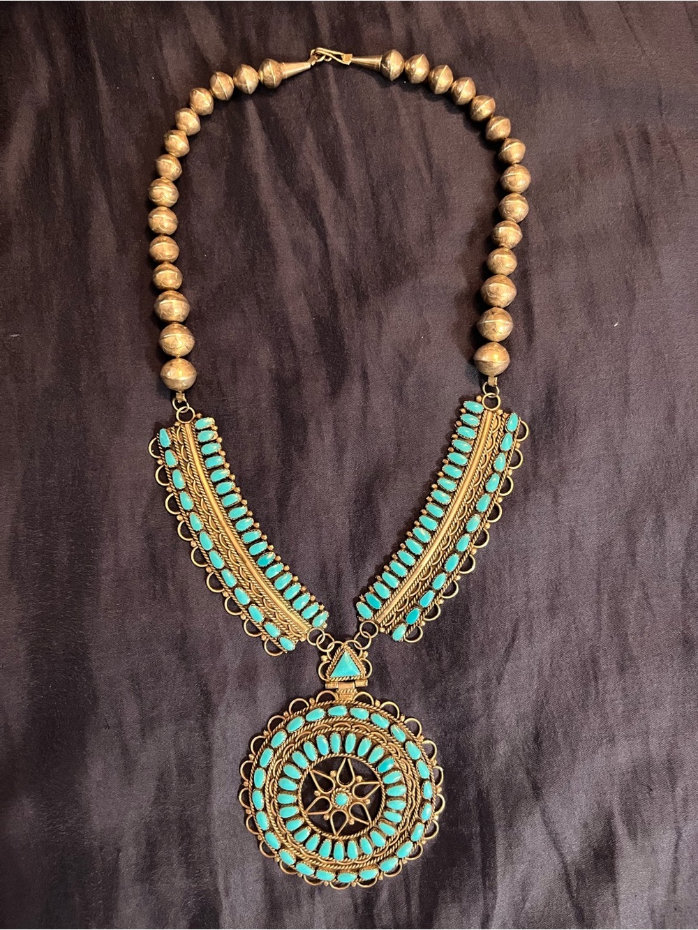 Vintage Sterling Silver and Turquoise Cluster Statement Pendant Necklace - Picture 9 of 16